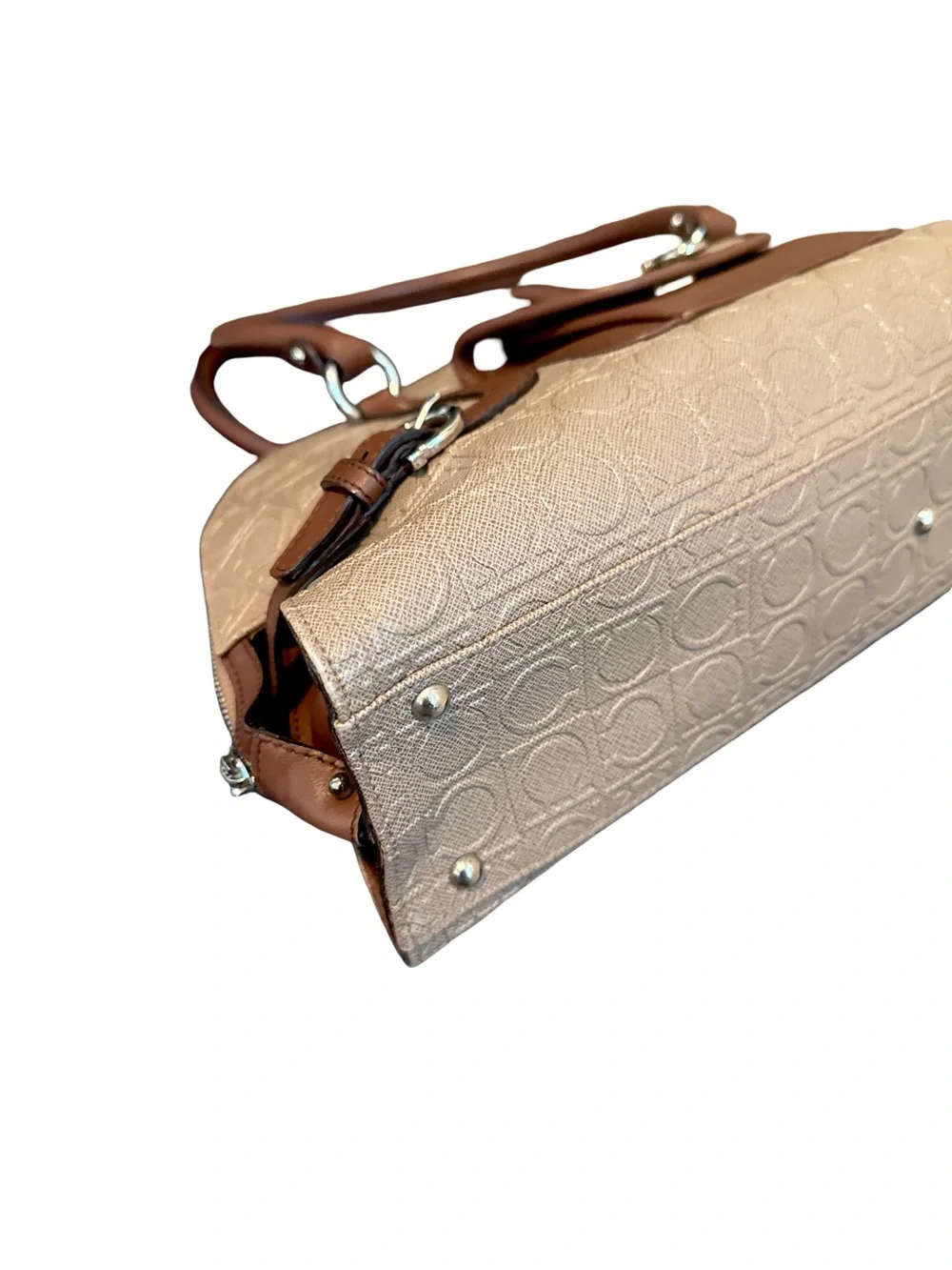 Salvatore Ferragamo Gancini Canvas & Leather Satchel Handbag Beige Brown Italy - Picture 9 of 15